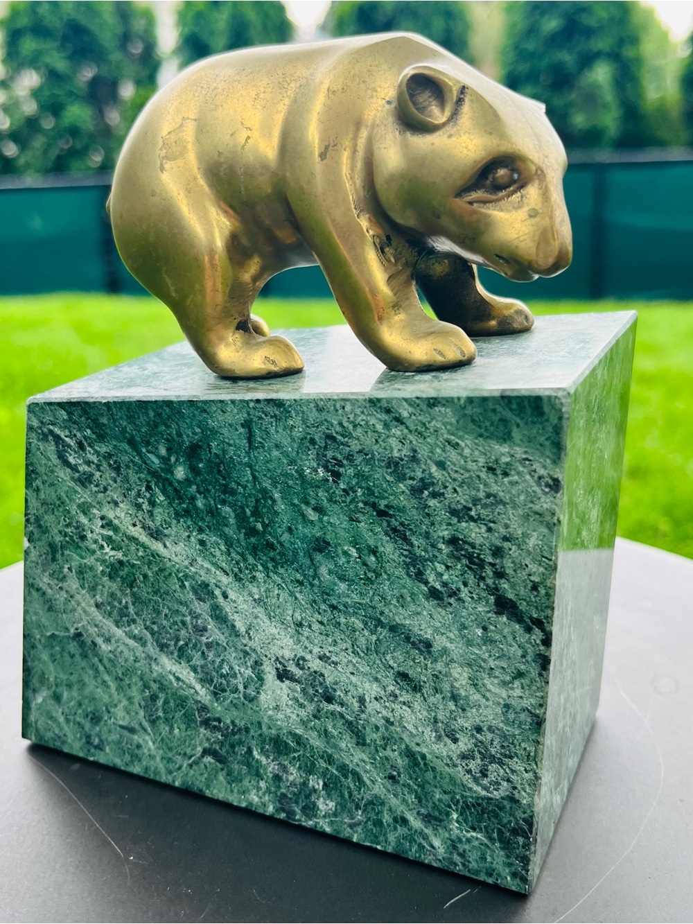 Vintage Gatco Solid Brass Bear on Green Marble Bookend